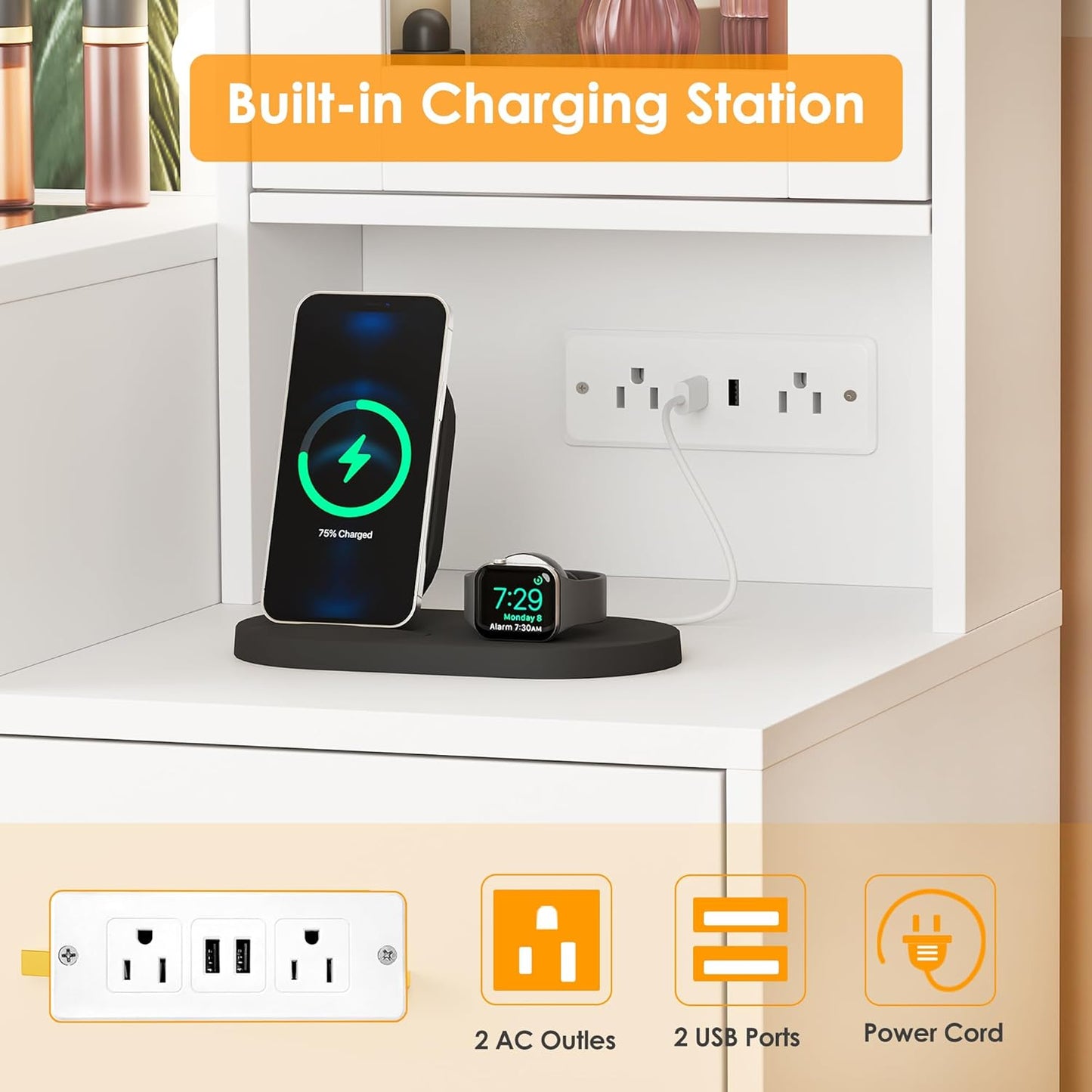 49.2" Large Vanity Desk with Mirror and Lights White Makeup Vanity Desk with Glass Top and Power Outlet 8 Drawers Nightstand 5 Hooks Vanity Table with Stool for Bedroom Women Girls UBDT88W