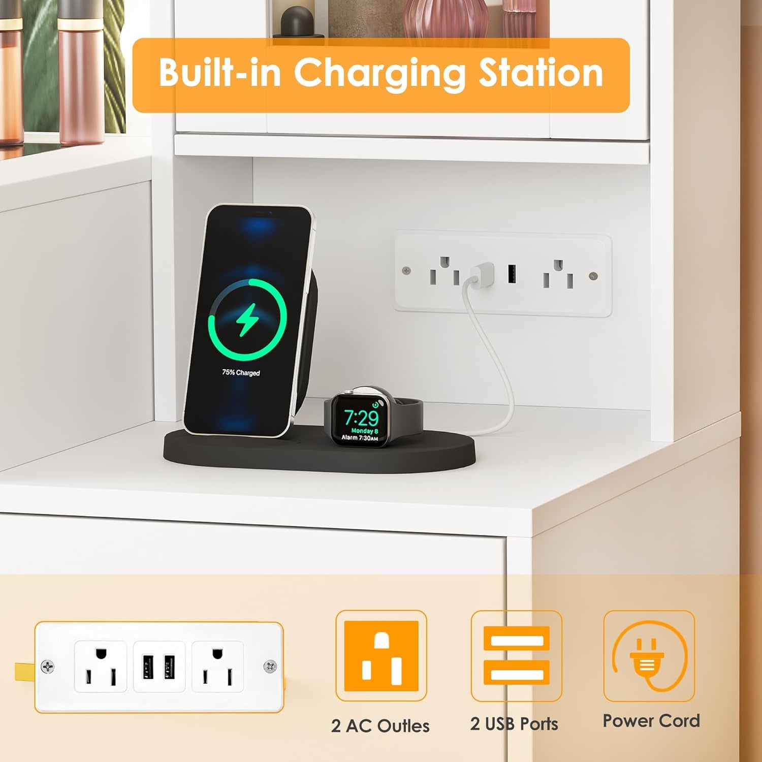 49.2" Large Vanity Desk with Mirror and Lights White Makeup Vanity Desk with Glass Top and Power Outlet 8 Drawers Nightstand 5 Hooks Vanity Table with Stool for Bedroom Women Girls UBDT88W