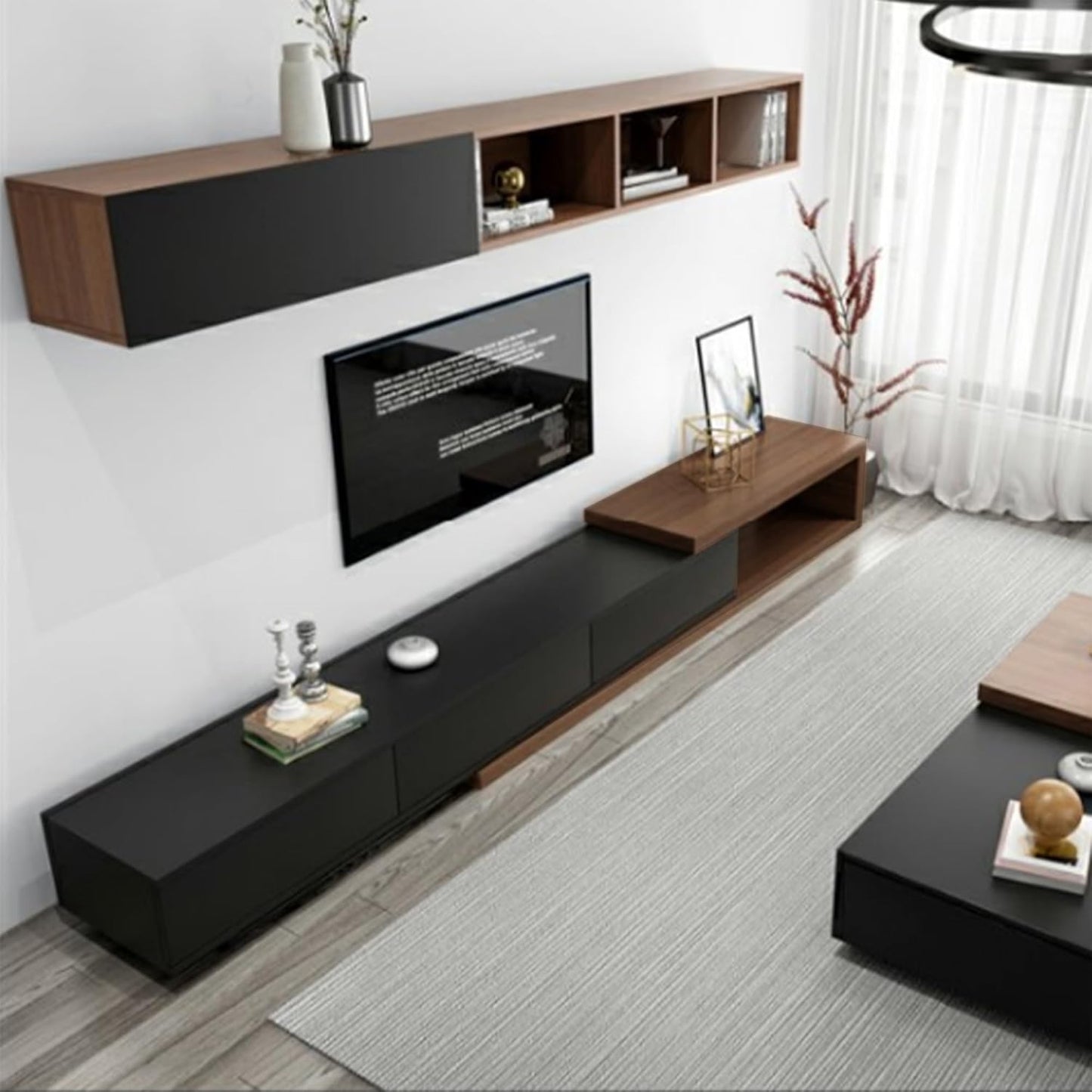 70"-100" Extendable TV Stand with Storage Solid Wood Black TV Media Console Modern Retractable Entertainment Center Low Reversible TV Stand Partial Assembled Walnut & Oak Veneer