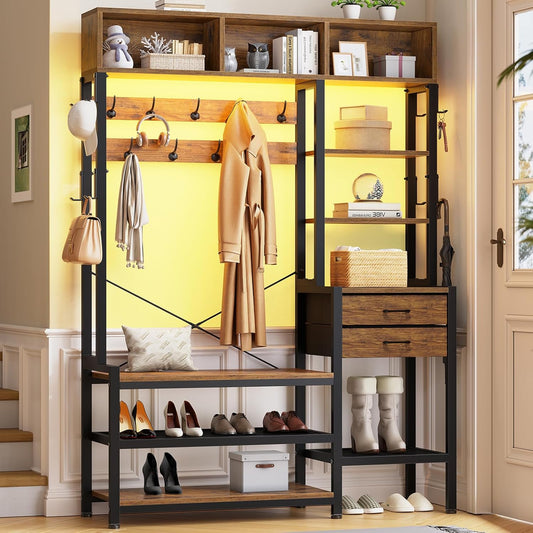 Hall Tree with Bench and Shoe Storage, 7-In-1 Entryway Bench with Coat Rack, 3 Storage Cubbies, 3 Open Shelves, 17 Coat Hooks, 2 Fabric Drawers (Rustic Brown)