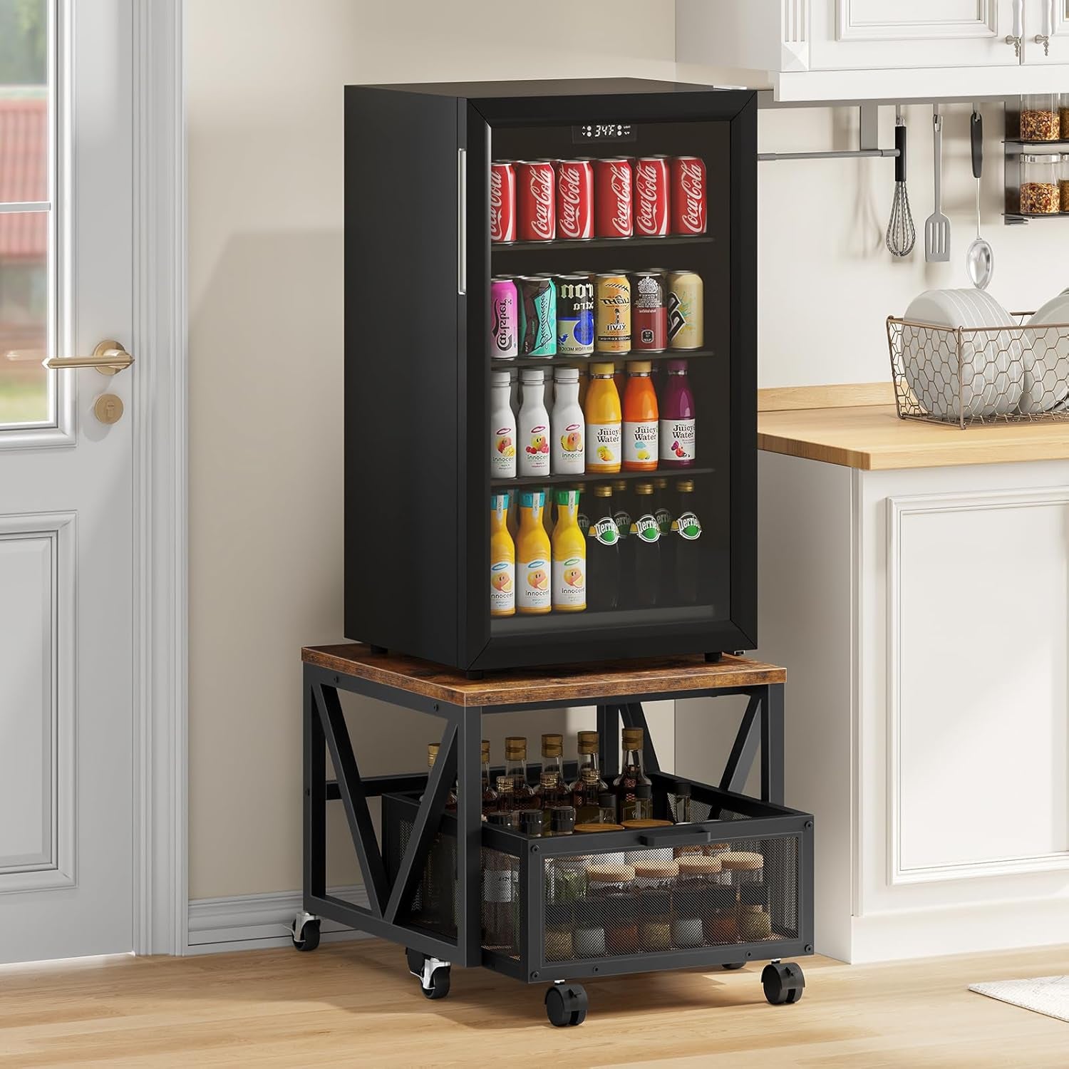 Mini Fridge Stand with Movable Storage Basket and Wheels, Mini Fridge Cabinet with Wheels, Sturdy Metal Frame, for Home, Office, Dorm, Rustic Brown and Black BF255TL01