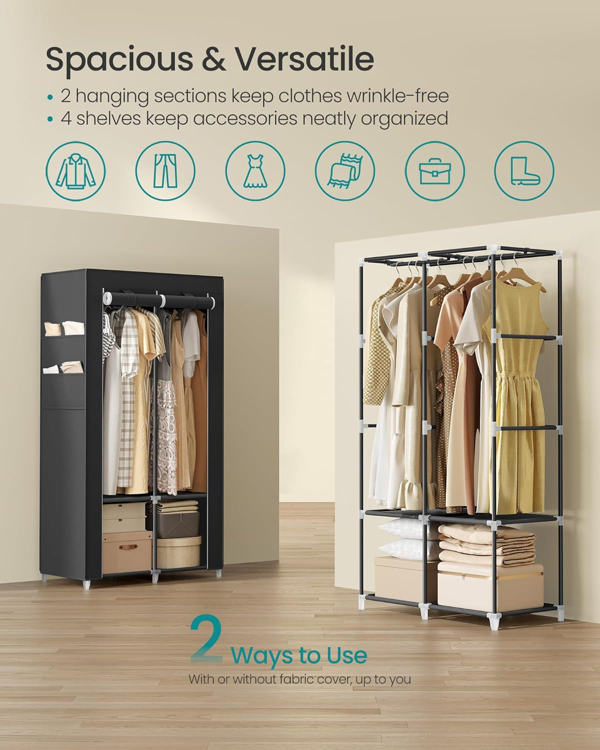 Portable Closet, Wardrobe Closet Organizer with Cover, 2 Hanging Rods and Shelves, 4 Side Pockets, 33.9 X 17.7 X 65.7 Inches, Large Capacity for Bedroom, Living Room, Ink Black URYG091B01