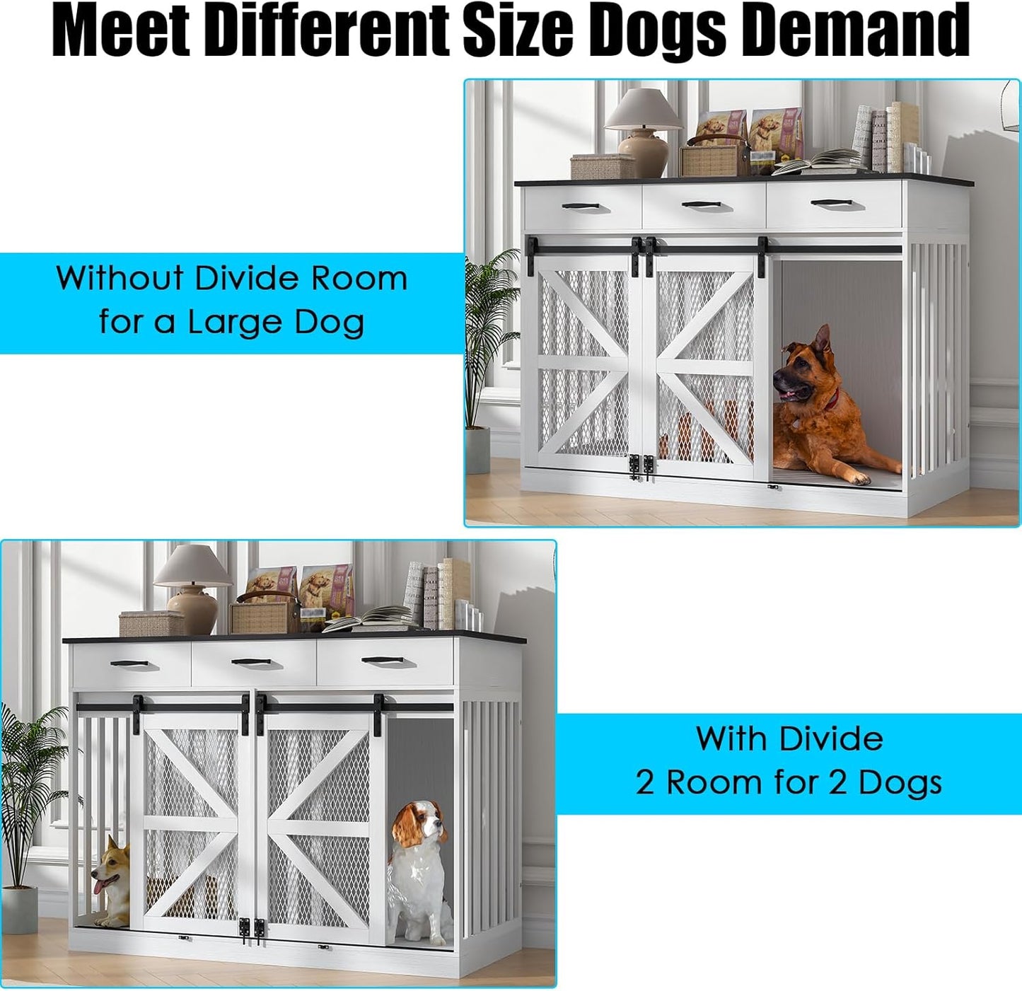 Large Furniture Dog Crate, Dog Kennel Indoor, Wood Dog Cage Table with Drawers Storage, Heavy Duty Dog Crate, Jaula Para Perros, Sturdy Metal, 40.5" L×23.6" W×35.4" H, Rustic Grey