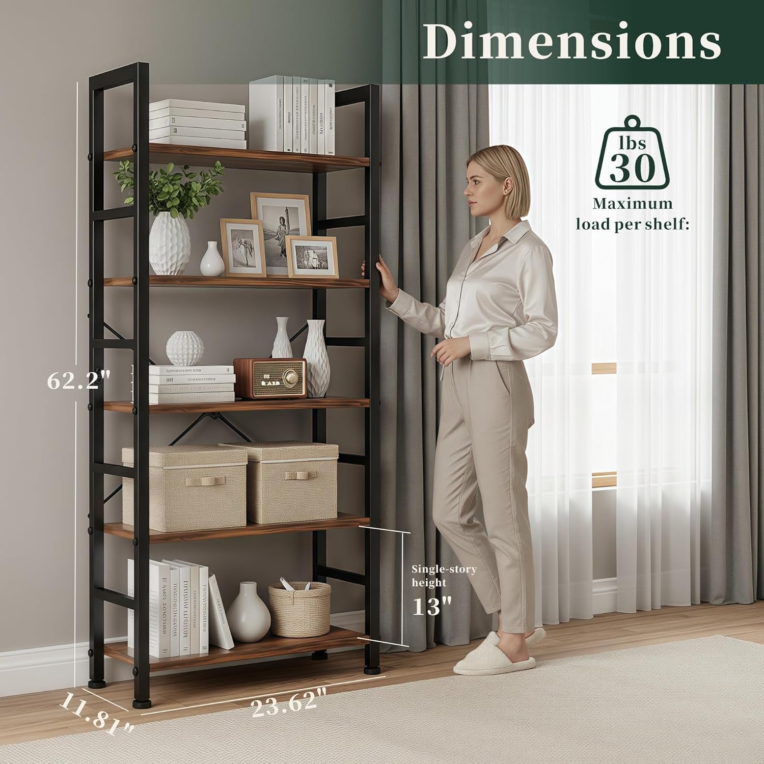 5 Tier Bookshelf, Modern Brown Book Shelves, Tall Bookcase Organizer, Wooden Shelf with Metal Frame Display Shelves, Free Standing Storage Shelving Unit for Living Room, Bedroom, Home Office