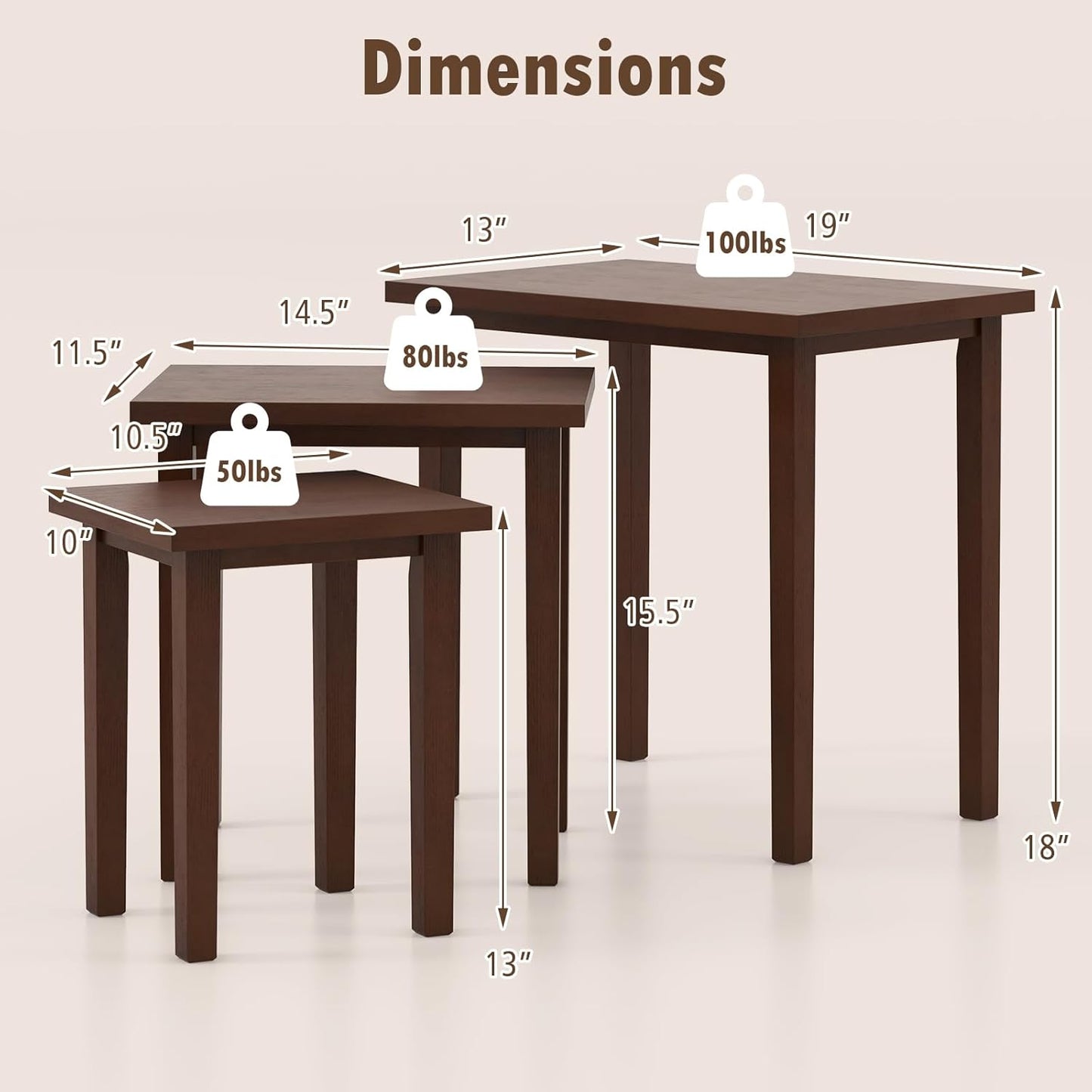 Nesting Tables Set of 3, Farmhouse Stacking Side Table with Rubber Legs, Wooden Rectangle Accent End Table, Nesting Coffee Tables for Living Room Bedroom (Walnut)