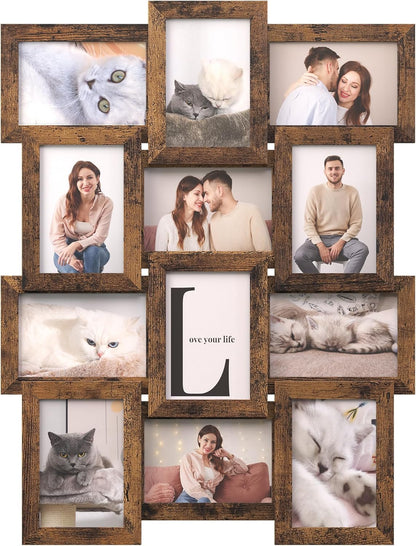 Collage Picture Frames, 4X6 for Wall Decor, Multi Family Photo for Gallery Decor, Hanging Display, Set of 12, Rustic Brown URPF026X01