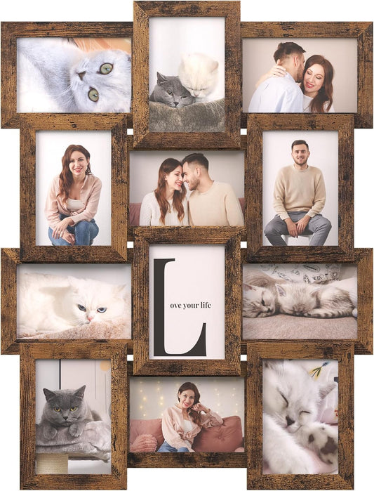 Collage Picture Frames, 4X6 for Wall Decor, Multi Family Photo for Gallery Decor, Hanging Display, Set of 12, Rustic Brown URPF026X01