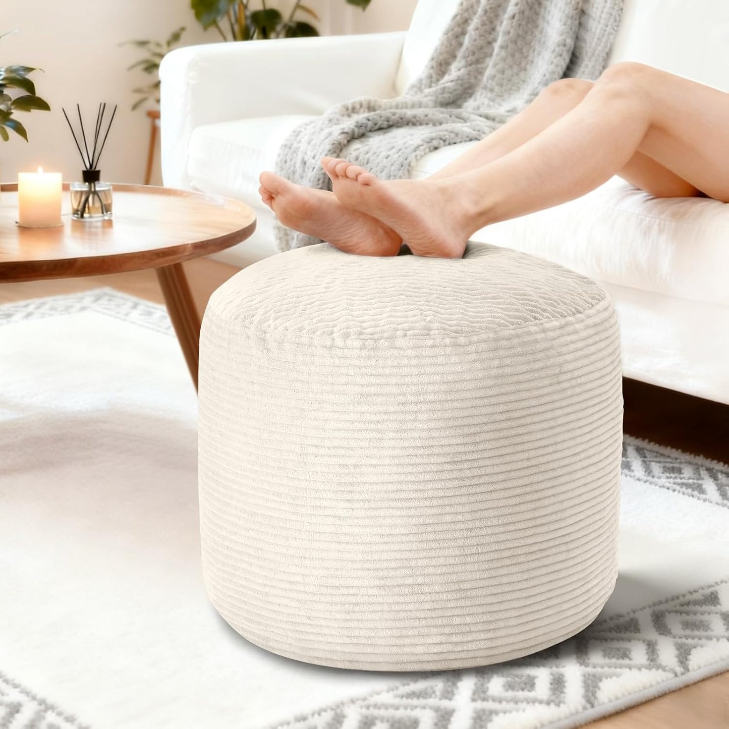 Pouf Ottoman Foot Rest, Comfortable & Soft, round Footstool for Living Room, Bedroom, Office, Room Decoration, Corduroy Foot Stool Pouf with Odorless & Anti-Clump Filling, Small Beige