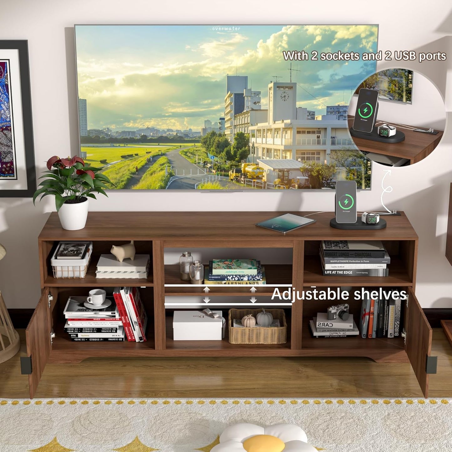Fluted TV Stand for Tvs up to 80",Mid Century Modern TV Stand with Open Adjustable Shelf,Entertainment Center Wood TV Media Console with Cord Holes for Living Room Furniture Bedroom,Walnut