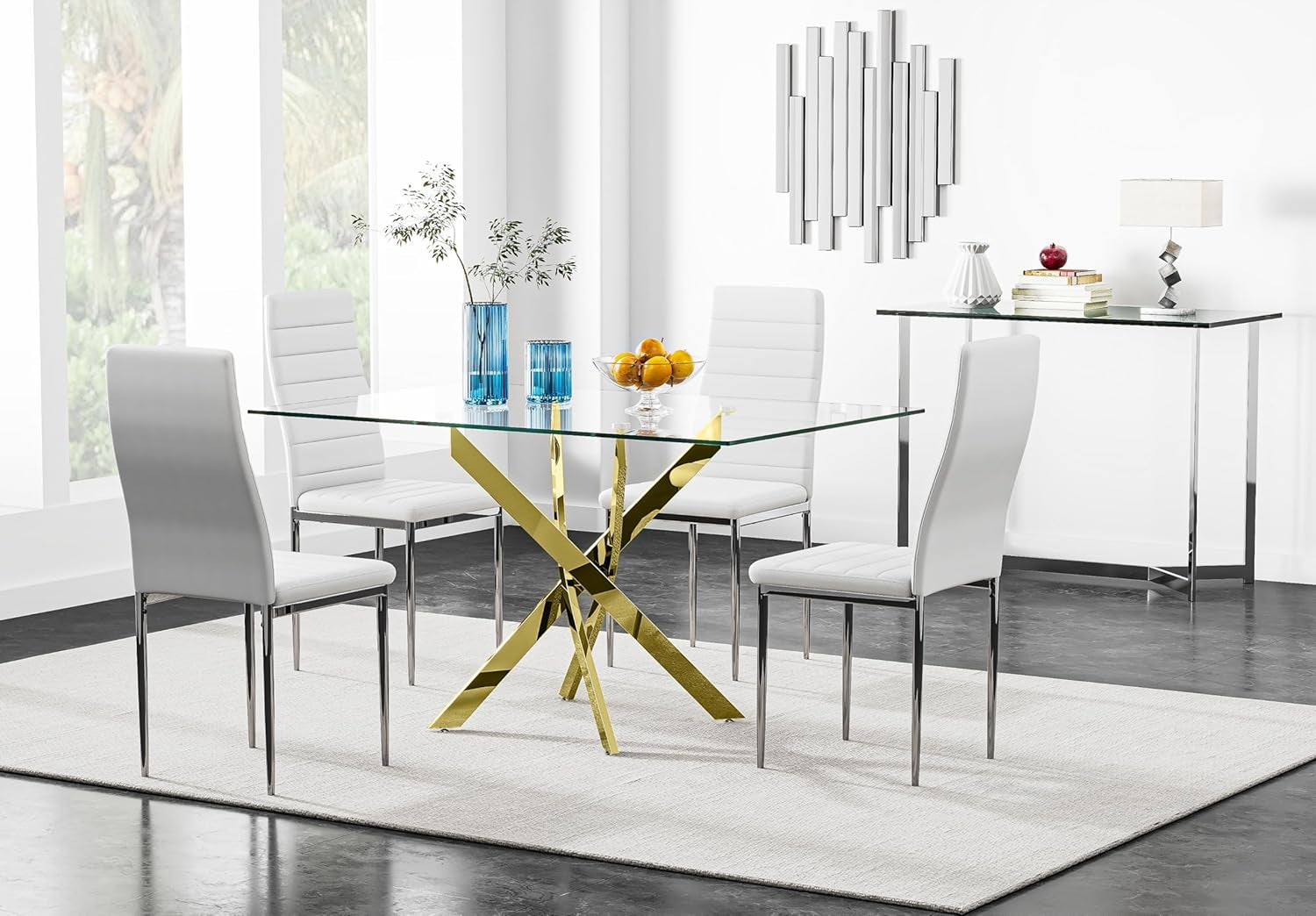 Tempered Glass Dining Table with Chromed Legs, 47" Modern Rectangular Kitchen Table for Dining Room Kitchen,Gold