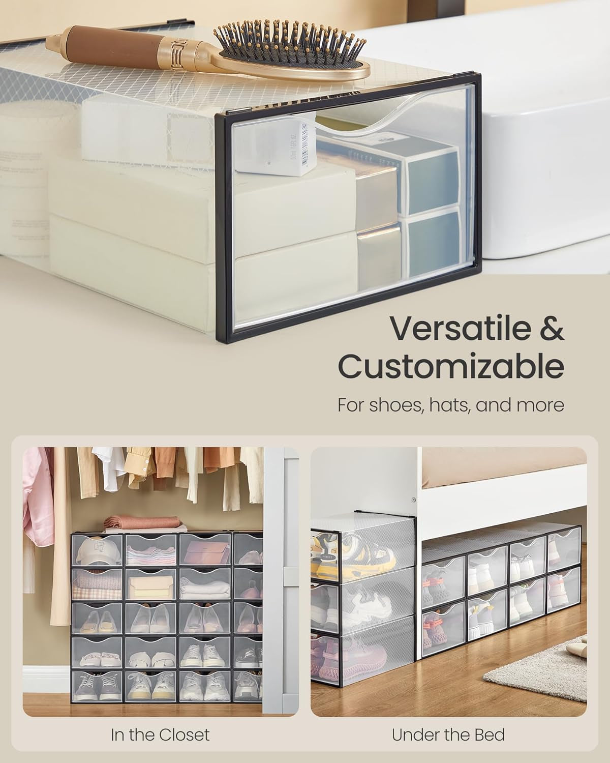 Shoe Boxes, Shoe Storage Organizers Rack for Closet, Plastic Stackable Sneaker Containers Case, 12 Pack, Transparent and Ink Black ULSP312B01