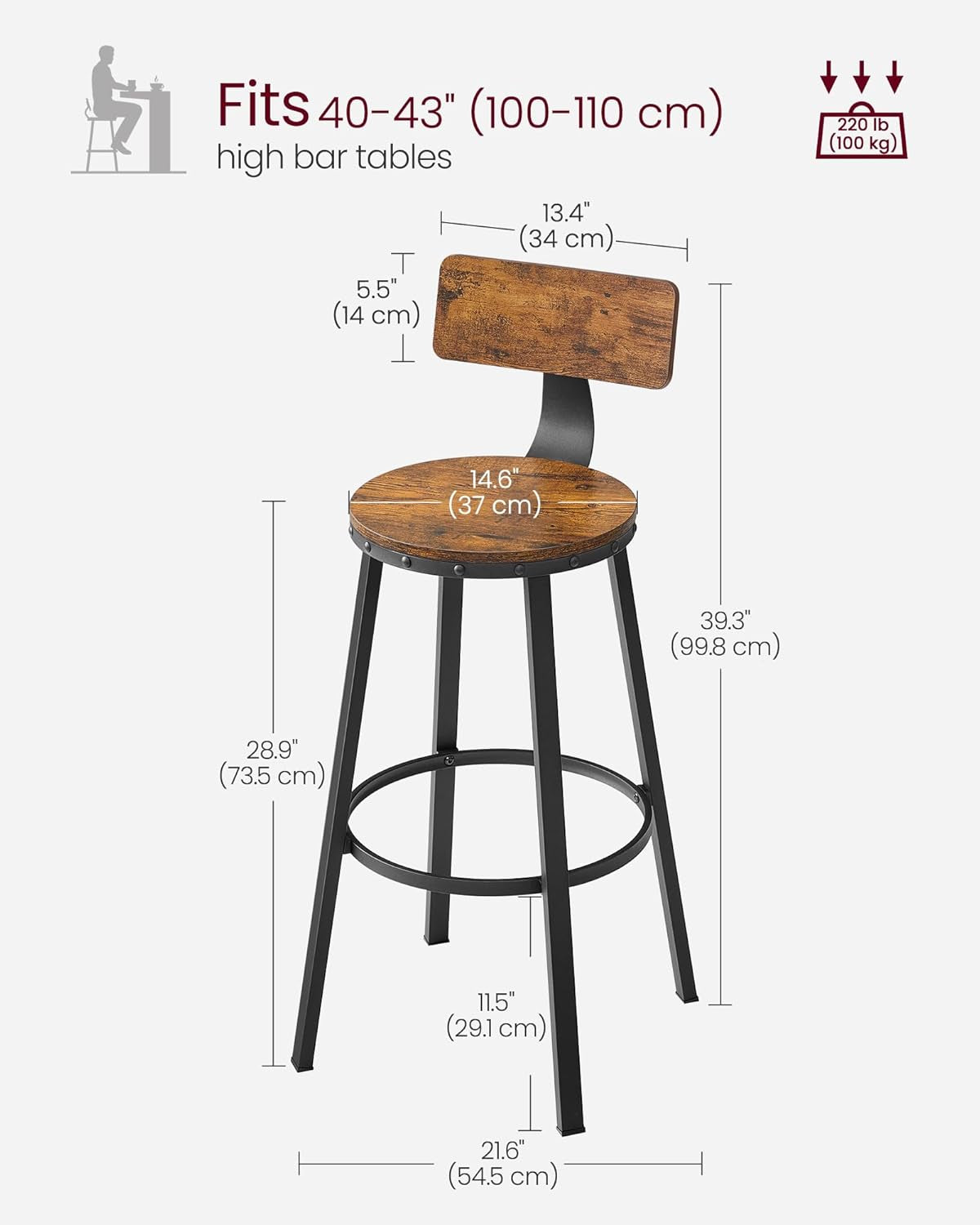Bar Stools Set of 2, Bar Height Stools, 28.9 Inches Counter Barstools Chairs with Back for Dining Kitchen Island, Steel Frame, Industrial Style, Easy Assembly, Rustic Brown and Ink Black