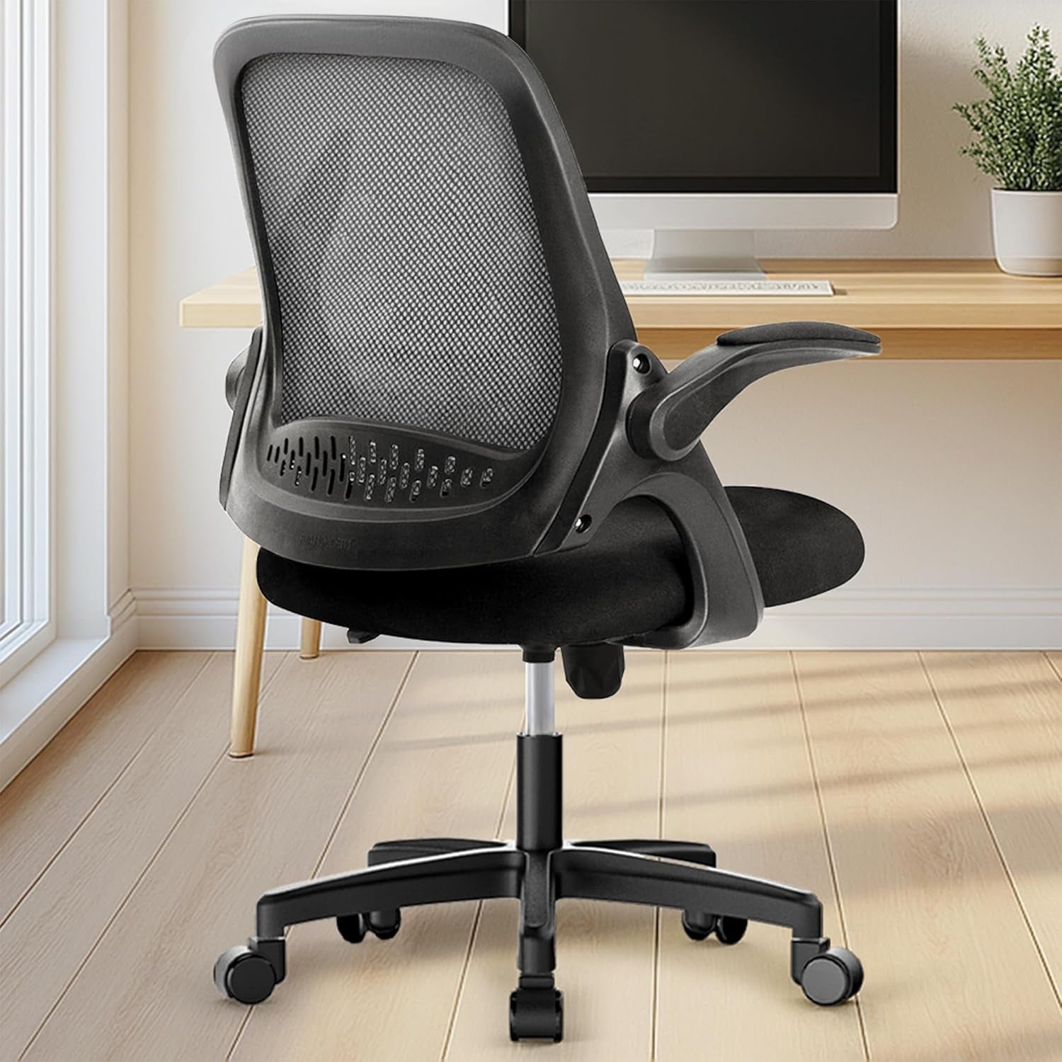 Office Desk Computer Gaming Ergonomic Chair with Lumbar Back Support Adjustable Height Swivel Wheels Flip-Up Arms Mesh Chair for Home or Office (Black)