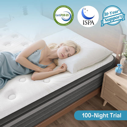 Queen Mattress 10 Inch, Hybrid Queen Mattress in a Box, Medium Firm Queen Size Bed Mattresses with Zoned Support, Memory Foam and Pocket Springs for Motion Isolation&Pressure Relief, Certipur-Us