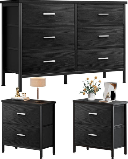 Bedroom Sets Nightstand Set 3 Piece Black with 6 Fabric Drawers Modern