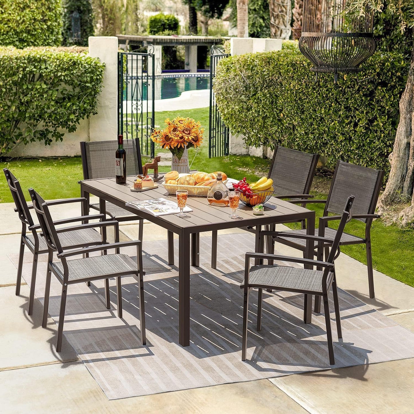 Patio Dining Set 7 Pieces Outdoor Furniture with Large Table and 6 Textilene Chairs for Porch, Poolside, Yard and Garden, Light Grey