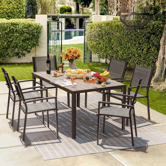 Patio Dining Set 7 Pieces Outdoor Furniture with Large Table and 6 Textilene Chairs for Porch, Poolside, Yard and Garden, Light Grey