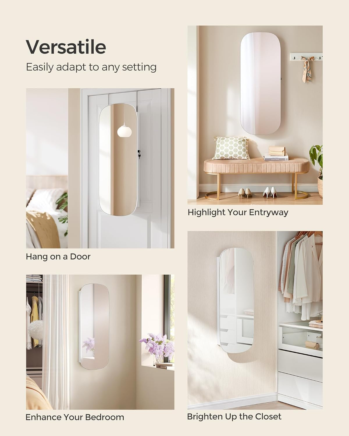 Jewelry Organizer, LED Jewelry Cabinet Wall/Door Mounted, Lockable Rounded Wide Mirror with Storage, Interior Mirror, 3.9 X 16.5 X 42.5 Inches, White Surface with Greige Lining