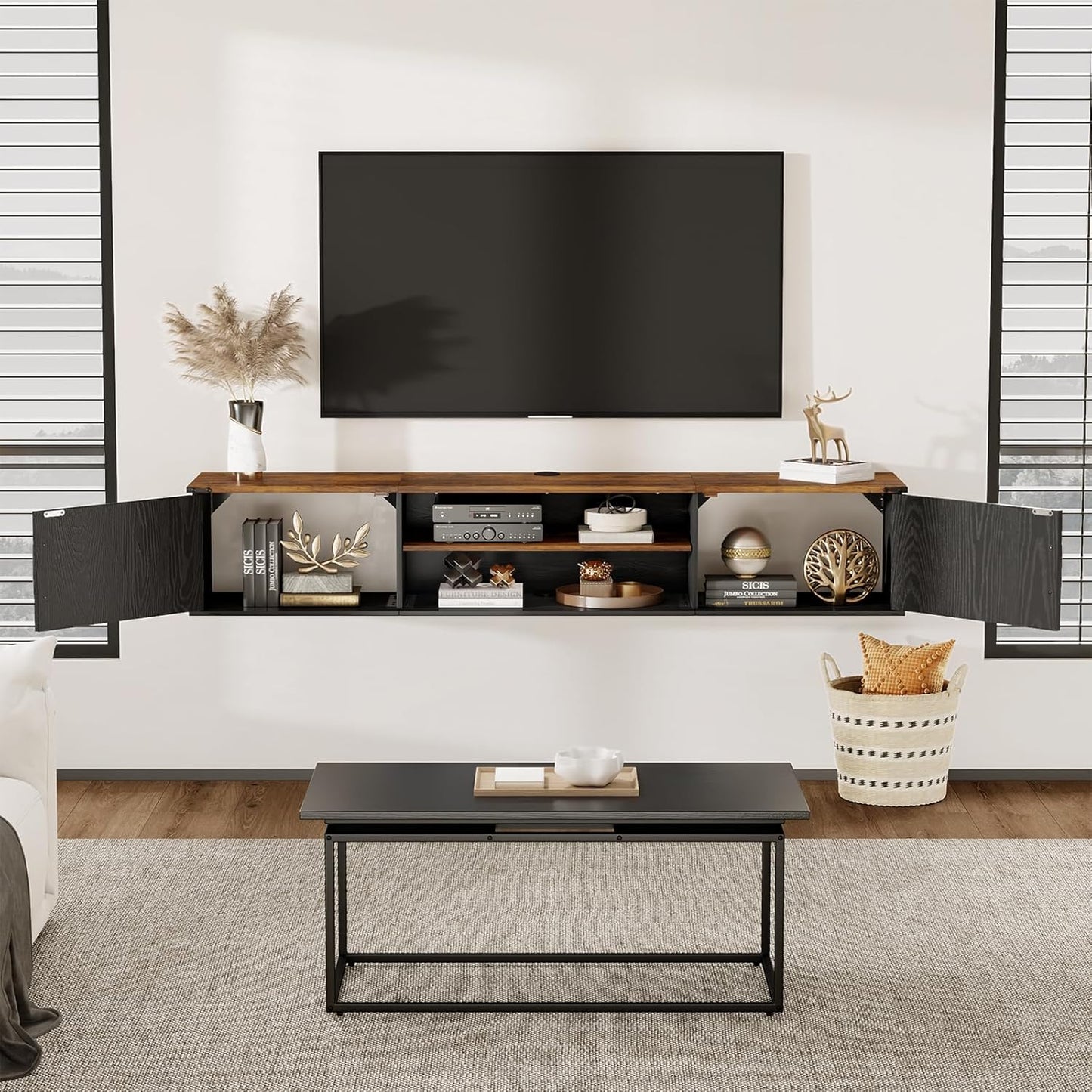 Floating TV Stand with Doors, 63'' Farmhouse Floating TV Shelf for Tvs up to 80 Inch, 2 Tier Wall Mounted TV Stand, Floating Entertainment Center, TV Floating Cabinet for Living Room, Bedroom, Black