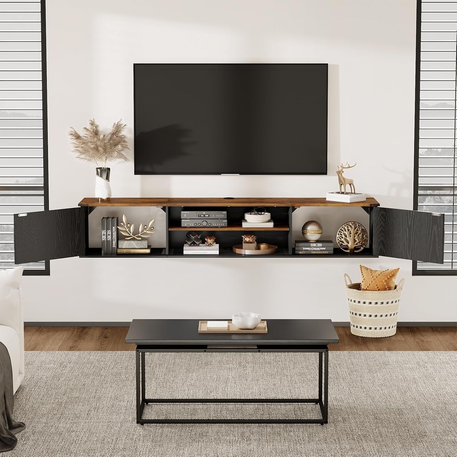 Floating TV Stand with Doors, 63'' Farmhouse Floating TV Shelf for Tvs up to 80 Inch, 2 Tier Wall Mounted TV Stand, Floating Entertainment Center, TV Floating Cabinet for Living Room, Bedroom, Black