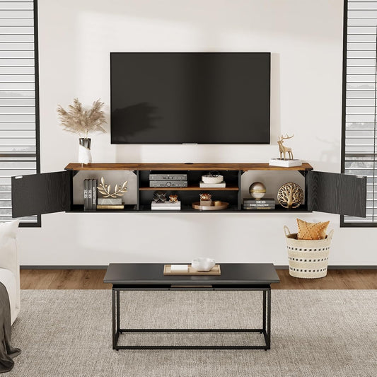 Floating TV Stand with Doors, 63'' Farmhouse Floating TV Shelf for Tvs up to 80 Inch, 2 Tier Wall Mounted TV Stand, Floating Entertainment Center, TV Floating Cabinet for Living Room, Bedroom, Black