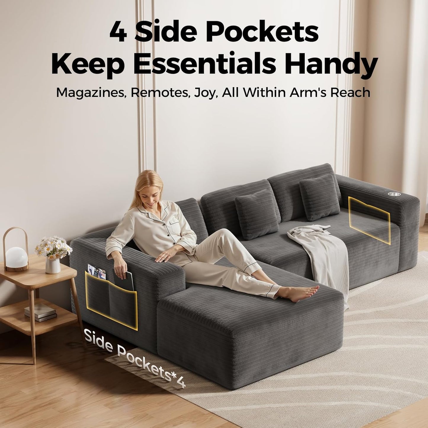 108” Cloud Sectional Couch in One Box, Compressed Modular Sectional Sofa with Deep Seat, Corduroy Boneless Couches, L-Shaped Sofa for Living Room, 4 Storage Pockets(Left Facing Chaise, Grey)