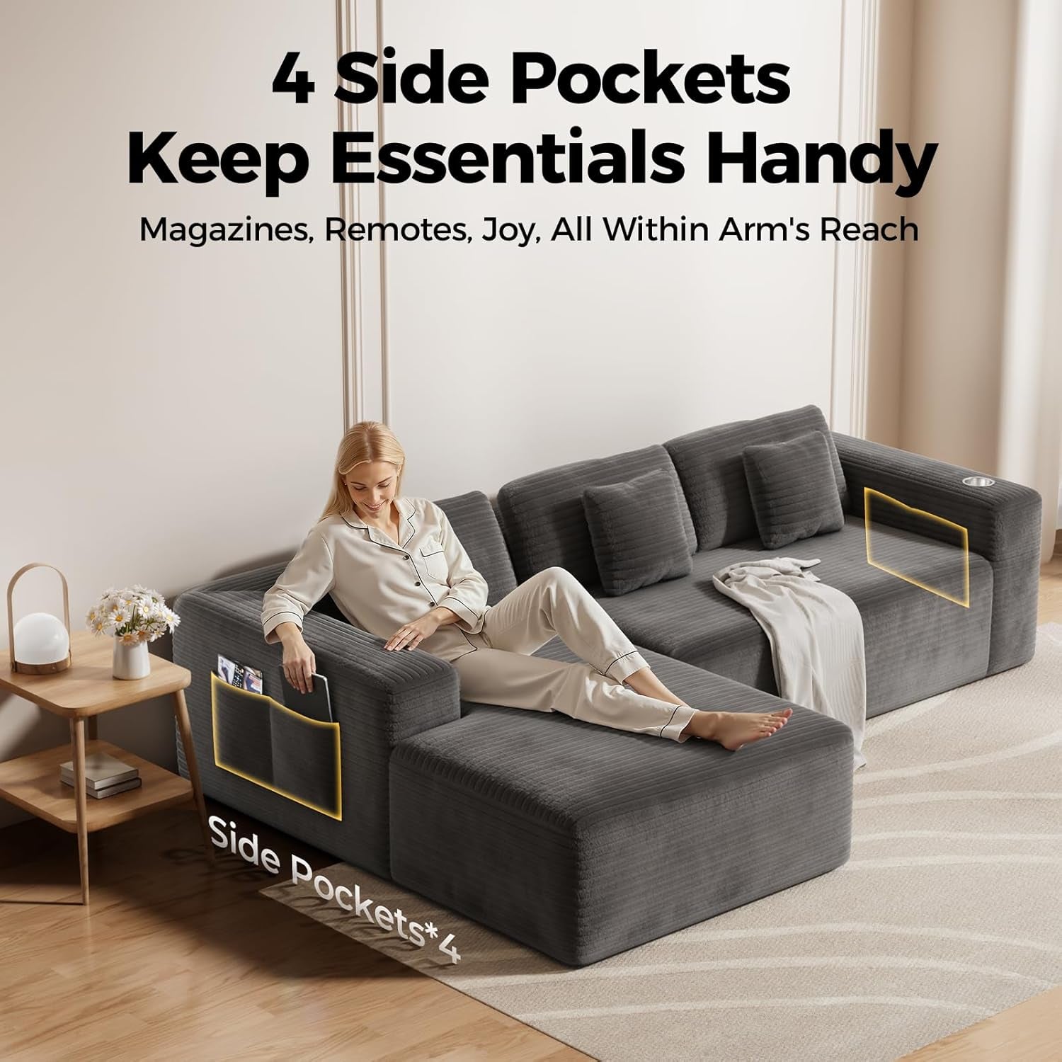 108” Cloud Sectional Couch in One Box, Compressed Modular Sectional Sofa with Deep Seat, Corduroy Boneless Couches, L-Shaped Sofa for Living Room, 4 Storage Pockets(Left Facing Chaise, Grey)