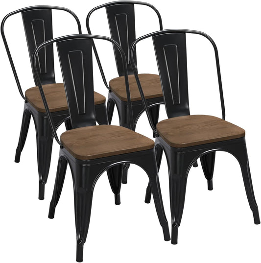 Metal Dining Chairs Set of 4, Industrial Stackable Kitchen Chairs with Wood Top Seat for Dining Room/Restaurant/Bistro/Patio, Indoor & Outdoor Use, Black