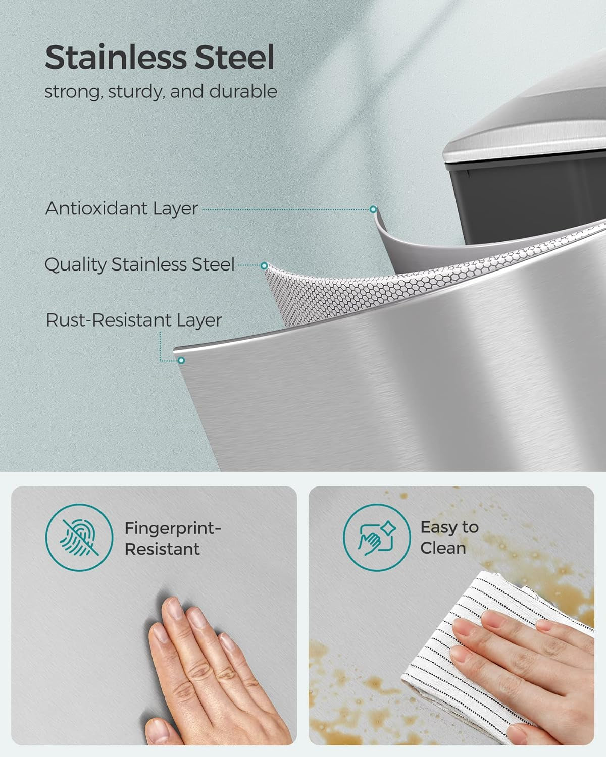 Slim Trash Can, 13-Gallon (50 L) Garbage Can for Narrow Spaces with Soft-Close Lid, Inner Bucket, and Step-On Pedal, Stainless Steel, 15 Trash Bags Included, Silver ULTB510E48