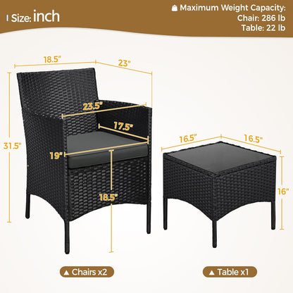 3 Pieces Patio Porch Furniture Set, Outdoor PE Rattan Wicker Conversation Set with Soft Cushions, Glass Coffee Table & 2 Chairs for Garden/Deck/Courtyard/Poolside, Black/Gray