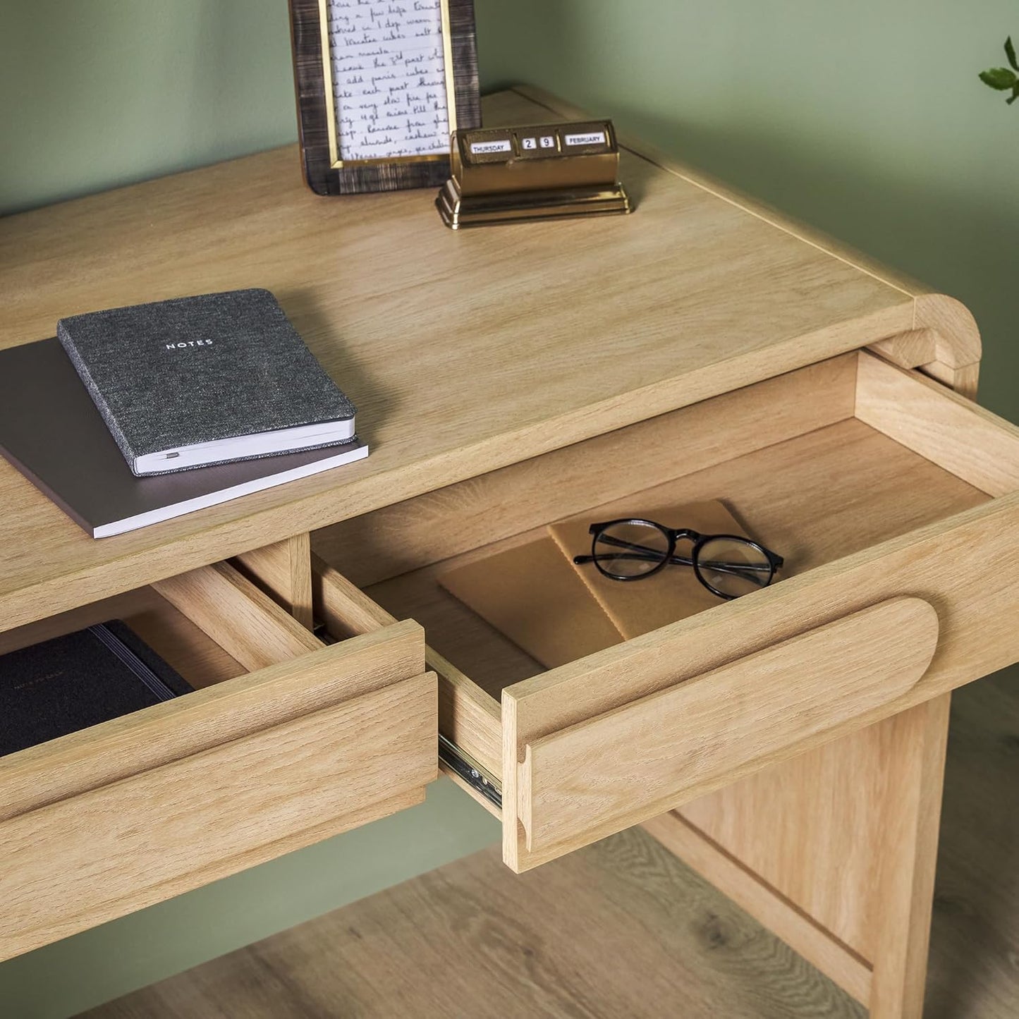 Modern Curved Waterfall Desk with Drawers, Rounded Edge Desk for Home Office or Living Space, Statement Console Table with Oversized Drawer Pulls, 45”W X 20”D X 30”H, Coastal Oak