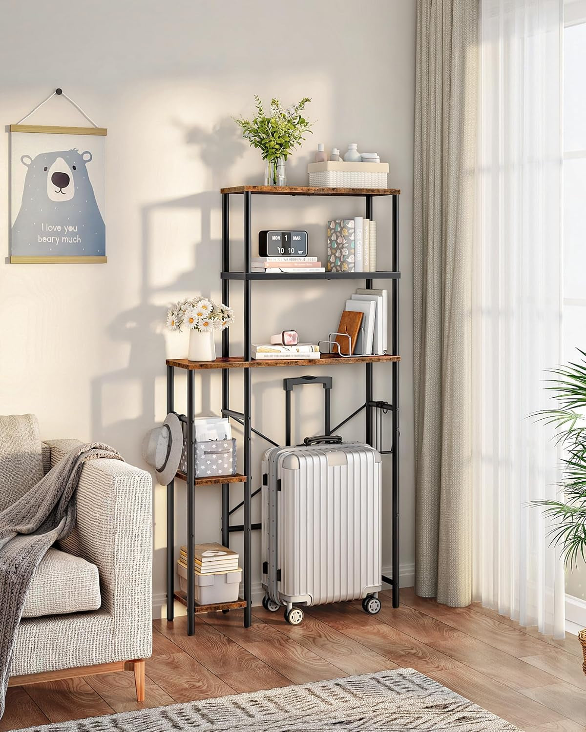 Over the Toilet Storage, 6-Tier Bathroom Organizer Shelf, Over-Toilet Storage Cabinet with Toilet Paper Hook, Space Saving, for Bathroom, Laundry, Entryway, Rustic Brown and Black TTS02BF