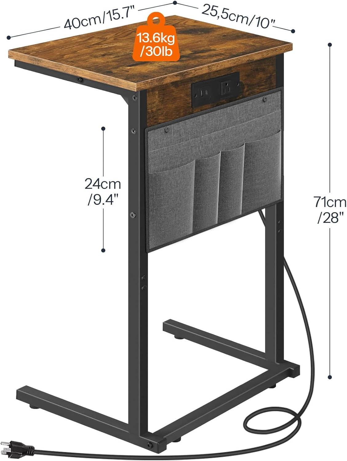 C Shaped End Table with Charging Station, 28" H Couch Side Table Slide Under, Sofa Arm Tray Table with Storage Bag for Living Room, Recliner, Rustic Brown BF70USF01