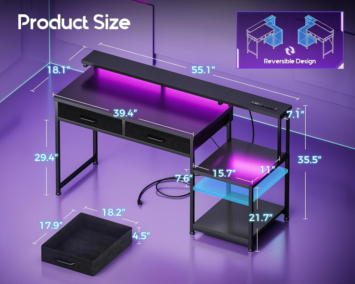 Gaming Desk with Led Lights & Power Outlet, 55 Inch Computer Desk with Drawers, Office Desk with Large Display Storage Shelves, Reversible Desk with Monitor Stand for Home, Carbon Fiber Black