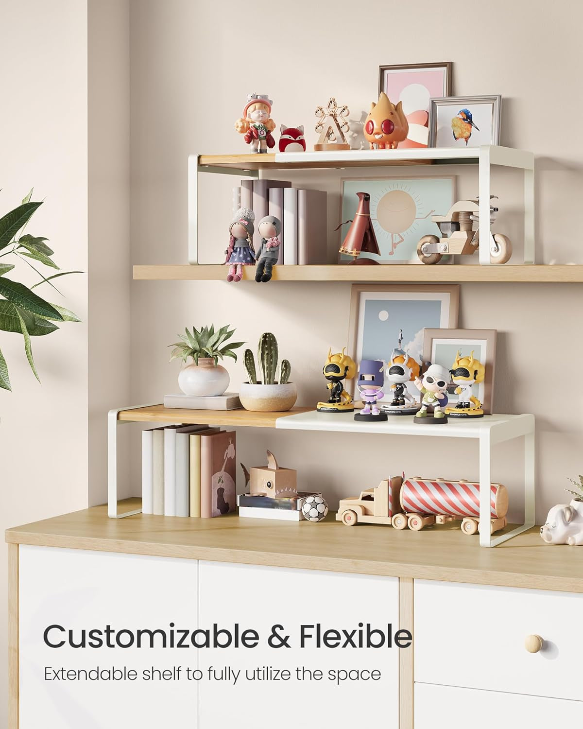 HOME Spice Racks, Expandable Cupboard Shelf Orgnizers, Kitchen Counter Shelves, Bamboo and Metal, Space-Saving Shelving, Stackable, Light Bamboo and Cream White UKCS051N01