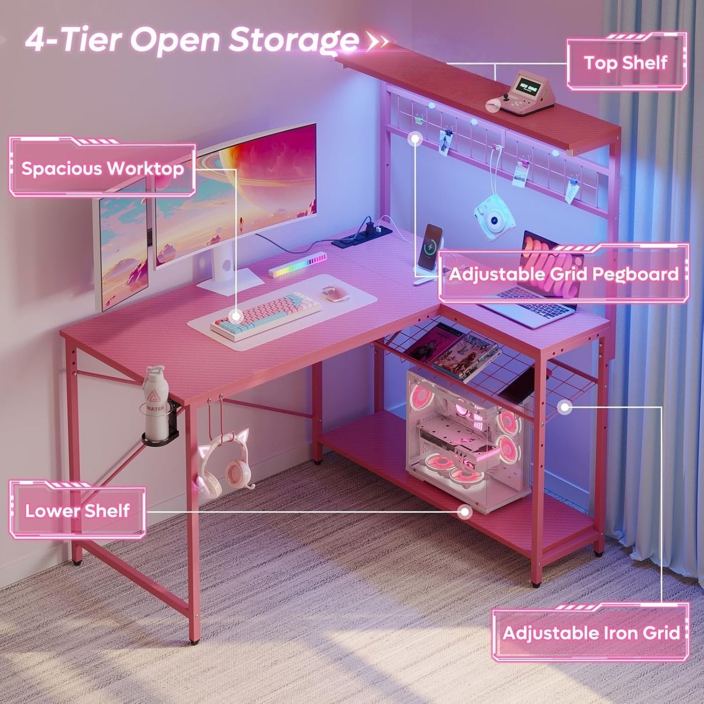 42 L Gaming Desk,Computer Desk with Power Outlets, LED Lights, Reversible Corner Desk with 4-Tier Shelves,Cup Holder & Hook Carbon Fiber Pink