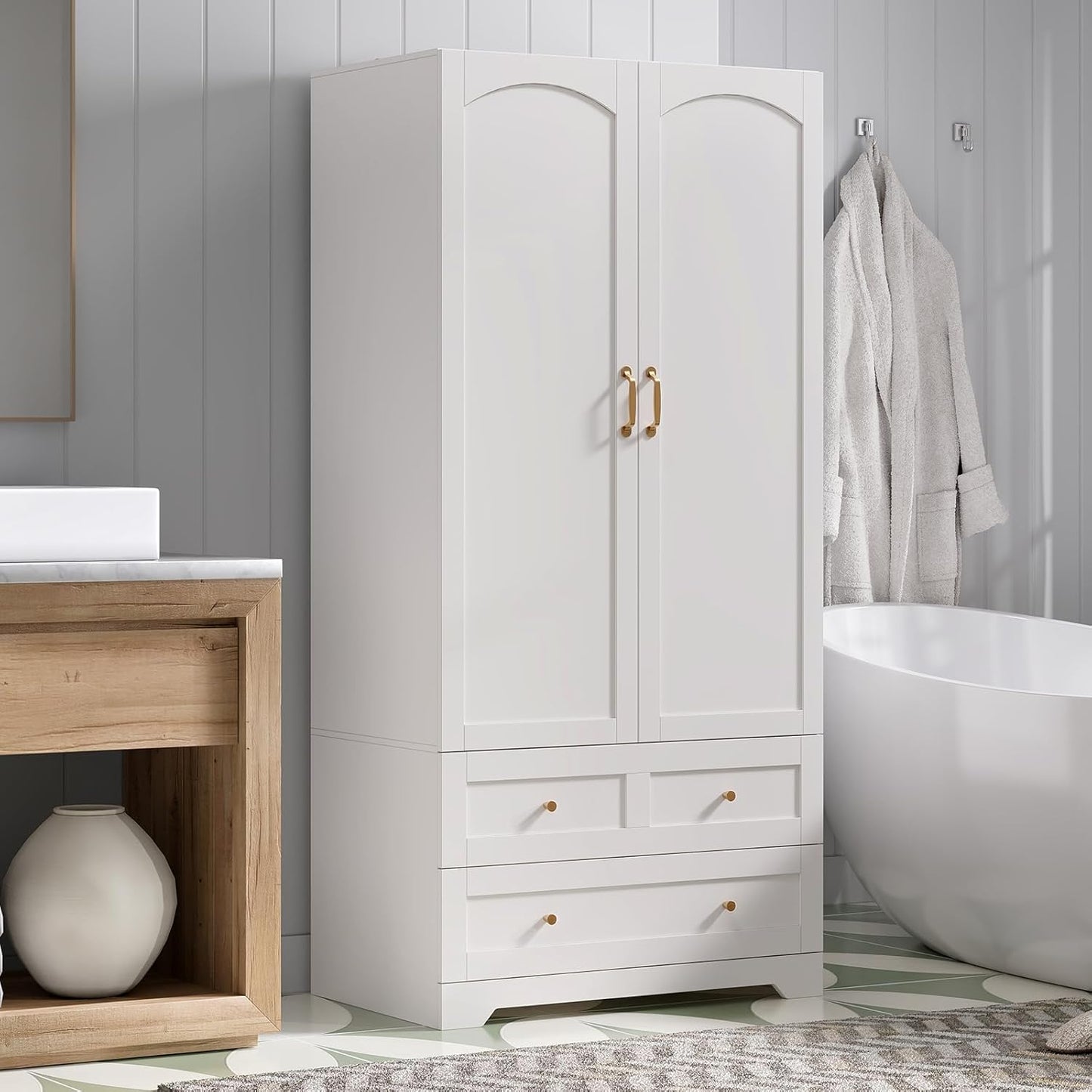 Armoire Wardrobe Closet with 2 Storage Drawers & 2 Door Cabinet, Bedroom Armoires with Full-Length Mirror, White Freestanding Wardrobe Combination with Hanging and Organizing Clothes for Home