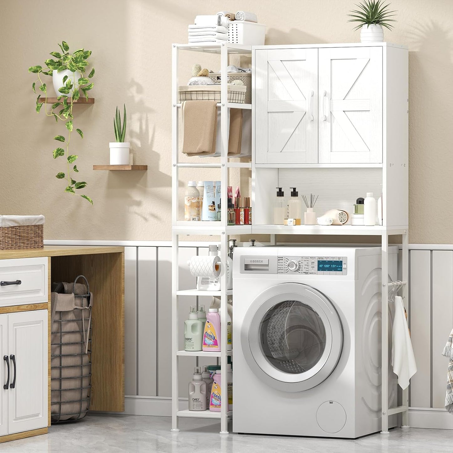 over the Toilet Storage Cabinet with Doors, 7 Tier over Toilet Bathroom Organizer with Adjustable Shelf, Freestanding Space Saver Toilet Rack with Paper Holder for Restroom, Laundry, White