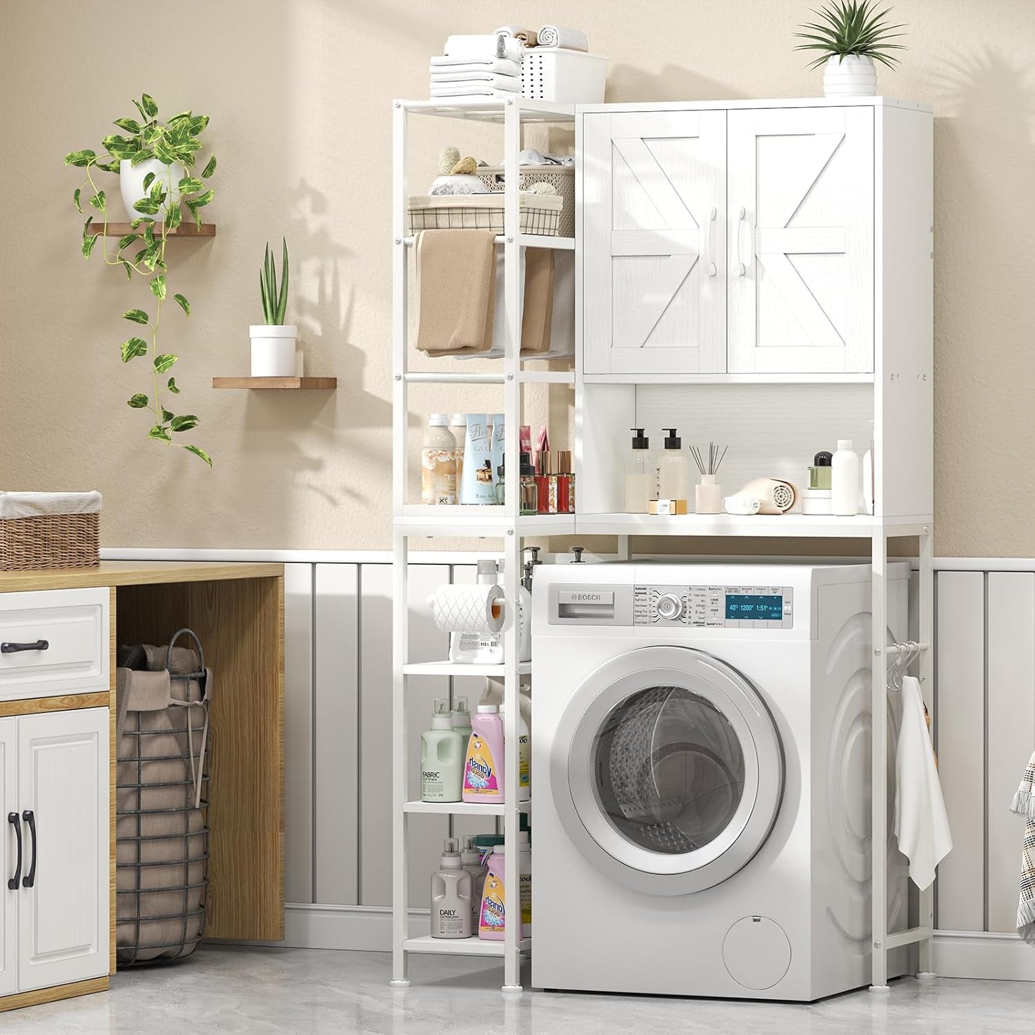 over the Toilet Storage Cabinet with Doors, 7 Tier over Toilet Bathroom Organizer with Adjustable Shelf, Freestanding Space Saver Toilet Rack with Paper Holder for Restroom, Laundry, White