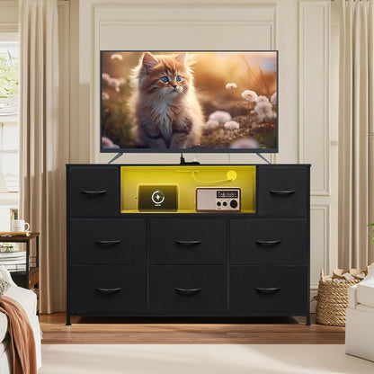 Black TV Stand for 45, 50, 55 Inch TV, TV Media Console Table with LED Lights & Charging Station, Entertainment Center with 8 Fabric Drawers and Open Shelves for Living Room, Hallway