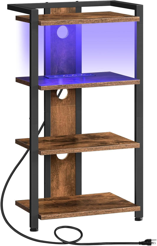 4-Tier AV Media Stand, Media Console with Charging Station and LED Light, Wooden Stereo Cabinet, Corner TV Stand, Record Player, Entertainment Device Stand, Rustic Brown and Black BF38UDCJ01