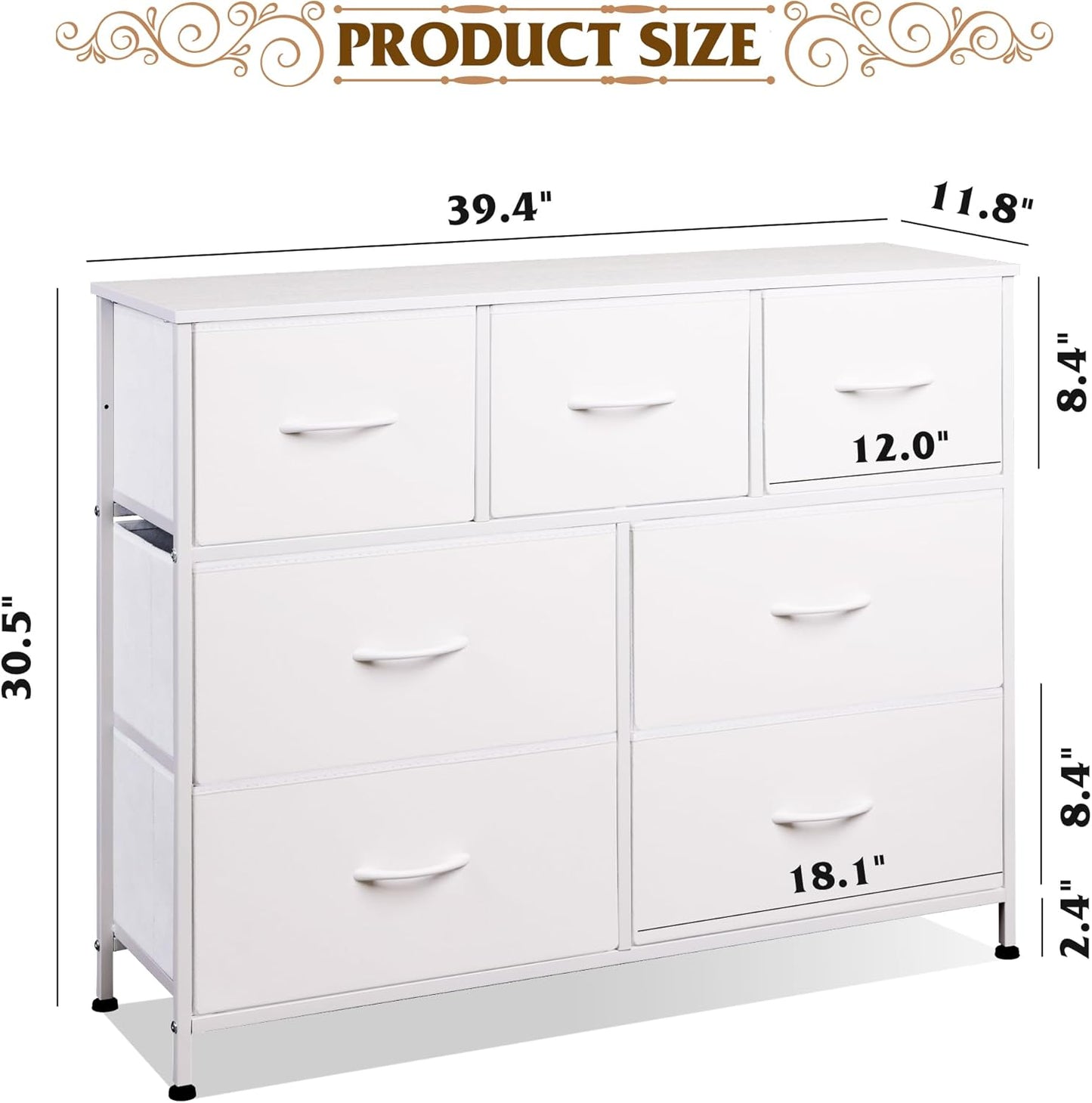 7 Drawer Dresser TV Stand, Dressers for Bedroom, Fabric Storage Tower, Hallway, Entryway, Closets, Sturdy Steel Frame, Wood Top, Easy Pull Handle, White