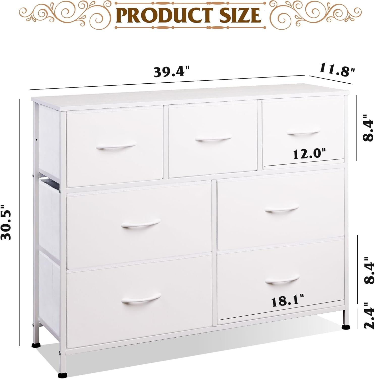 7 Drawer Dresser TV Stand, Dressers for Bedroom, Fabric Storage Tower, Hallway, Entryway, Closets, Sturdy Steel Frame, Wood Top, Easy Pull Handle, White