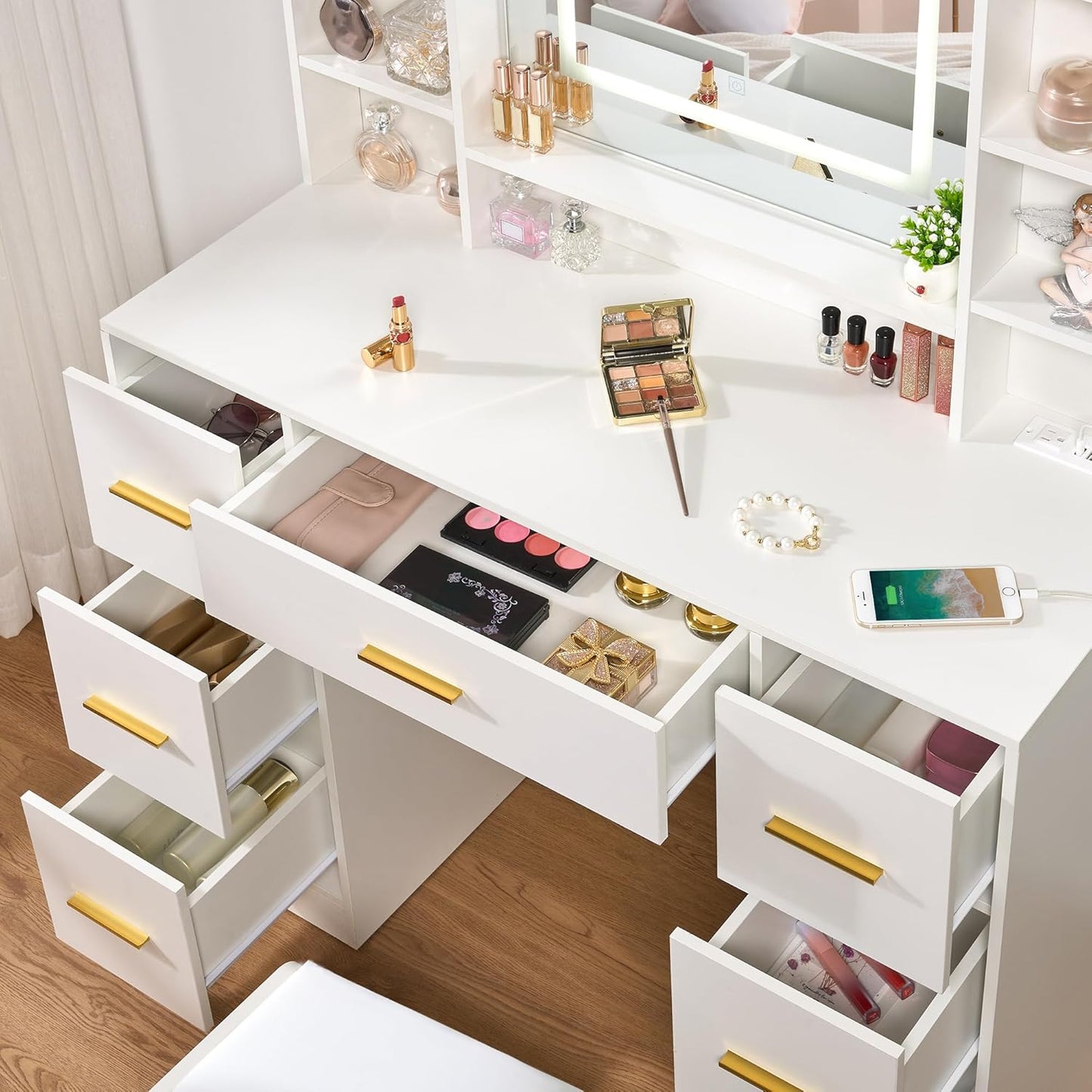 Vanity Desk Table with Lighted Mirror 39.4“ Girls Makeup Vanity with Power Outlet 3 Colors Lighting Adjustable Brightness Vanity Table for Women Bedroom Dressing Room White UBDT65W