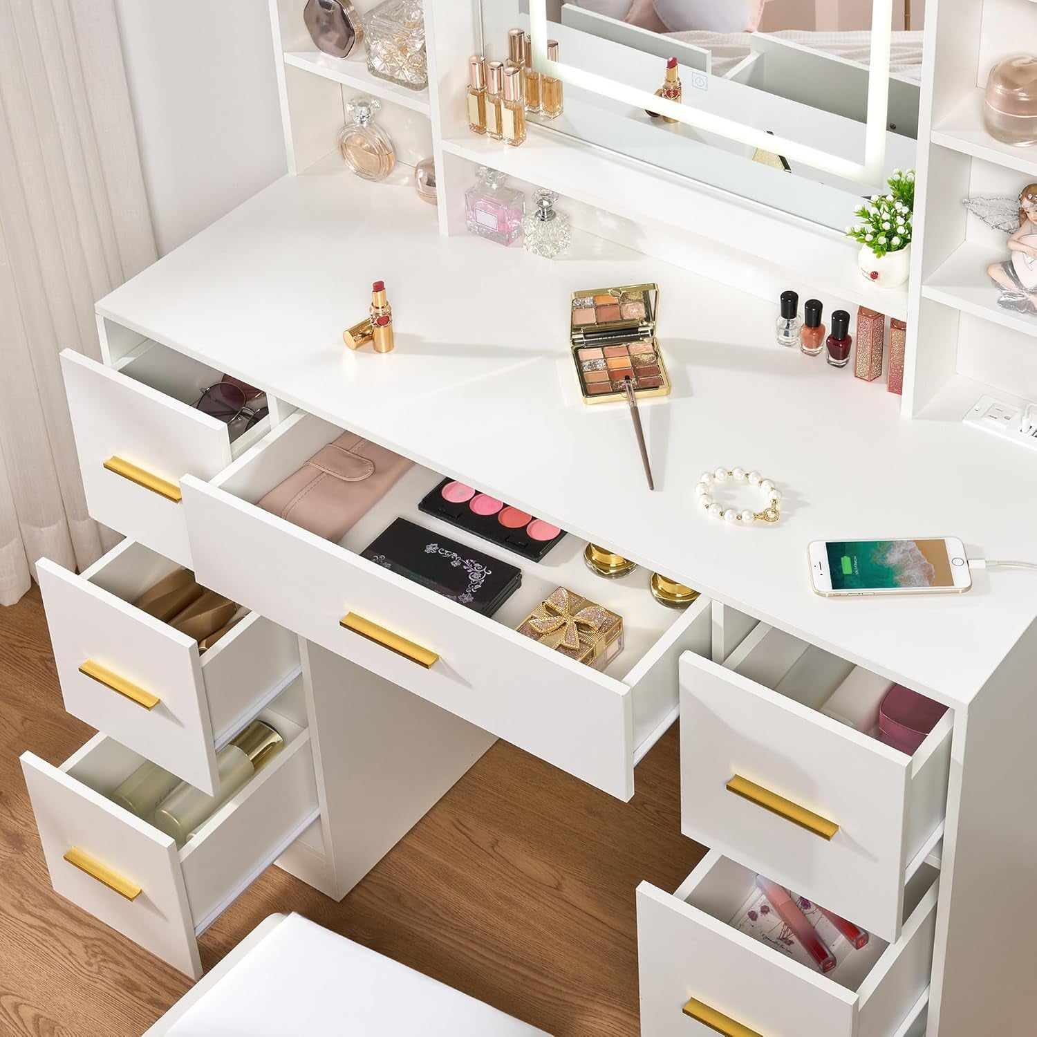 Vanity Desk Table with Lighted Mirror 39.4“ Girls Makeup Vanity with Power Outlet 3 Colors Lighting Adjustable Brightness Vanity Table for Women Bedroom Dressing Room White UBDT65W