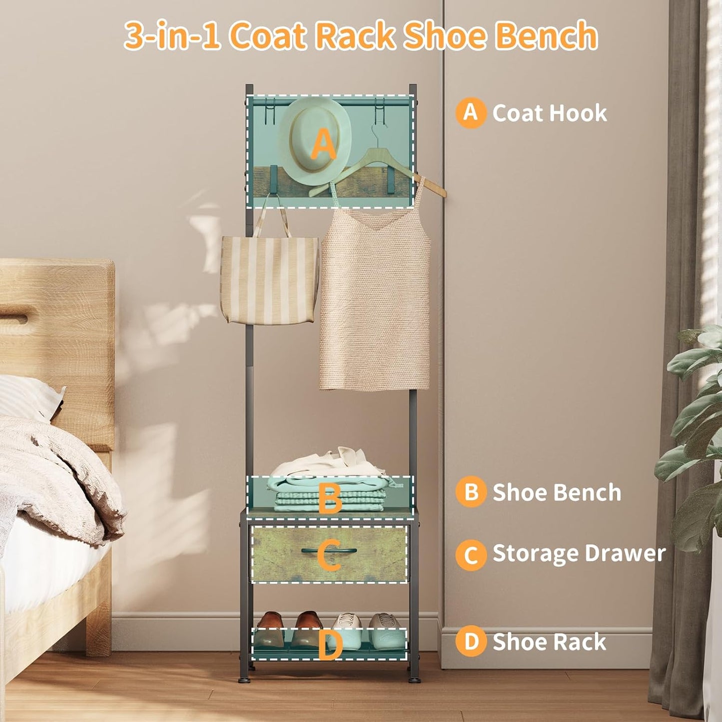 Narrow Coat Rack Shoe Bench, Hall Tree for Small Place with Drawer Storage, Shoe Bench with Cubby Storage, Wood Look Accent Furniture with Metal Frame, 3-In-1 Design (Rustic Brown)