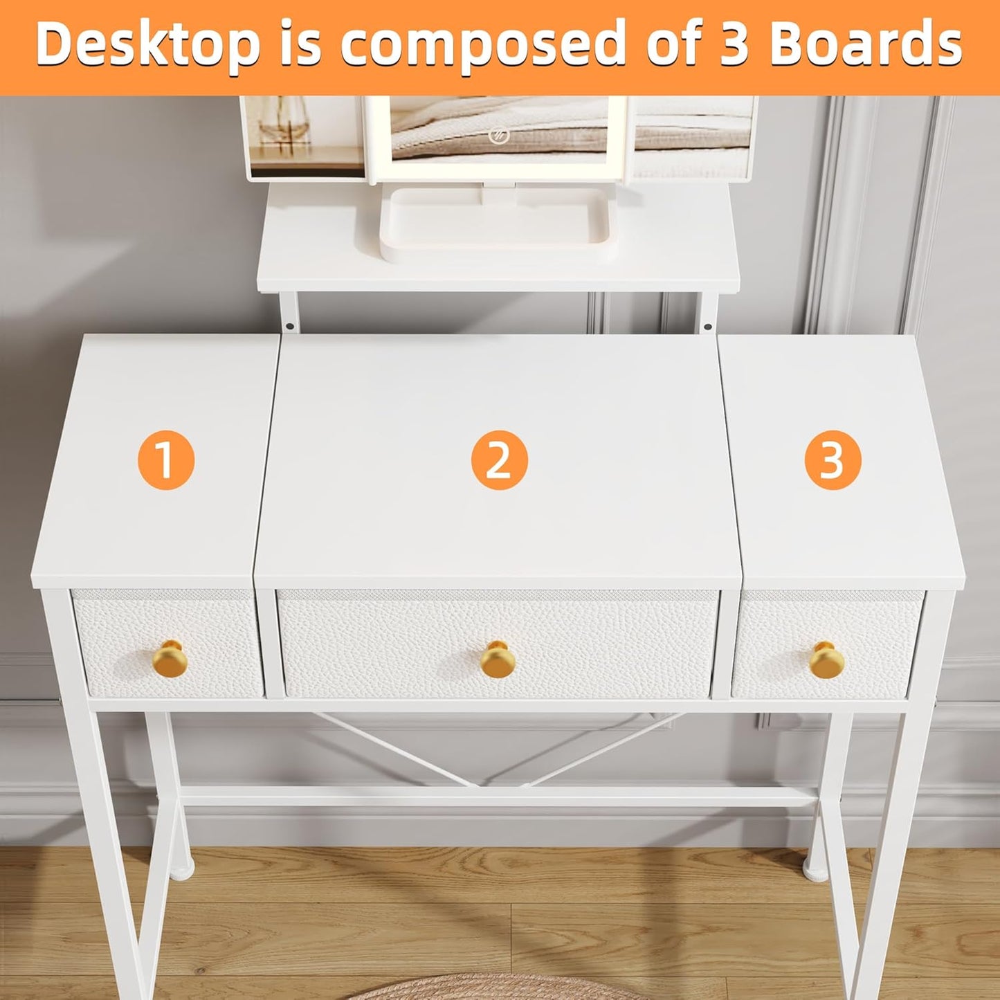 Small Makeup Vanity Desk with 3 Fabric Drawers, Vanity Table 11.8" D X 27.5" W with Mirror and Lights and Height-Adjustable Stand, Vanity for Girls Gifts, Bedroom and Small Spaces, White