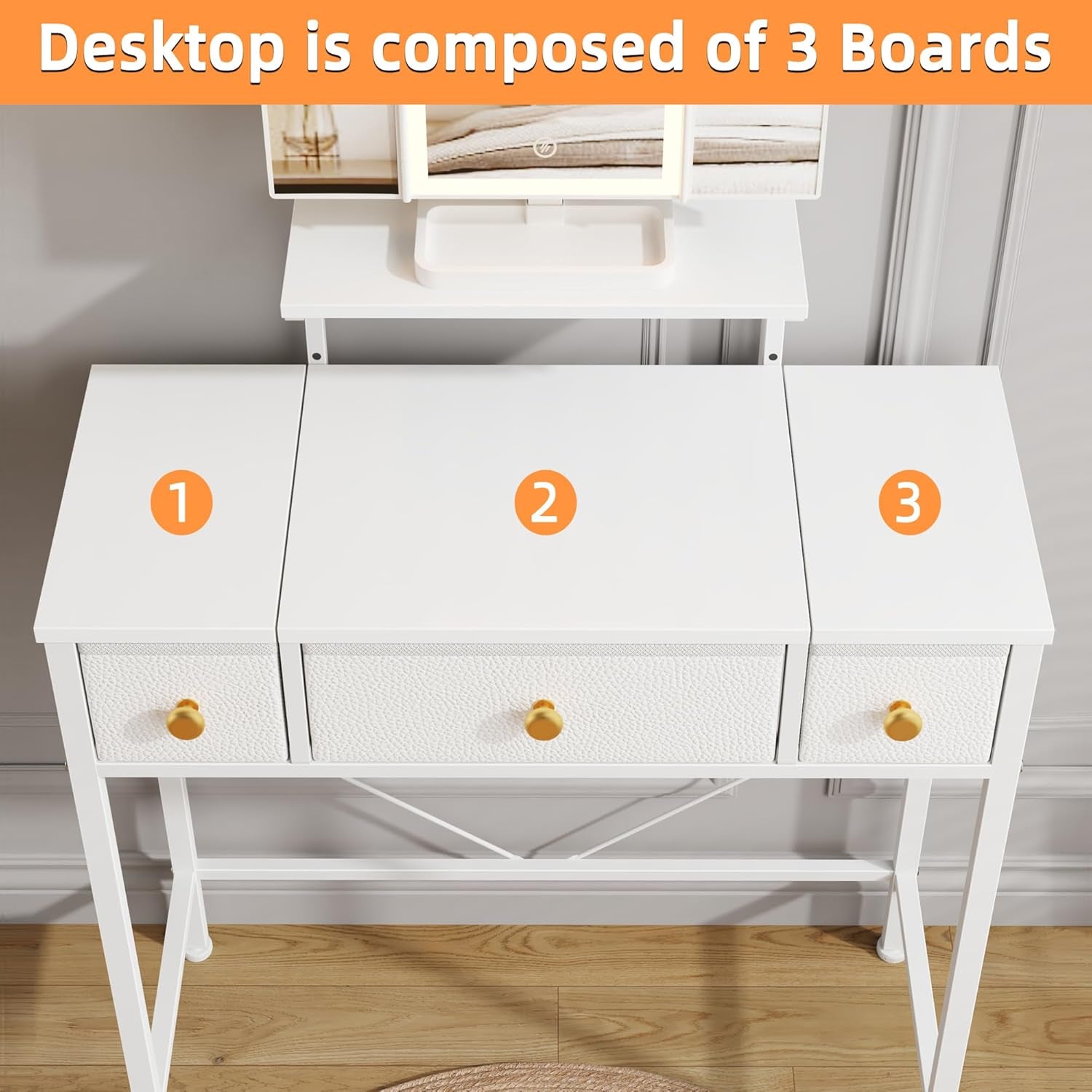 Small Makeup Vanity Desk with 3 Fabric Drawers, Vanity Table 11.8" D X 27.5" W with Mirror and Lights and Height-Adjustable Stand, Vanity for Girls Gifts, Bedroom and Small Spaces, White