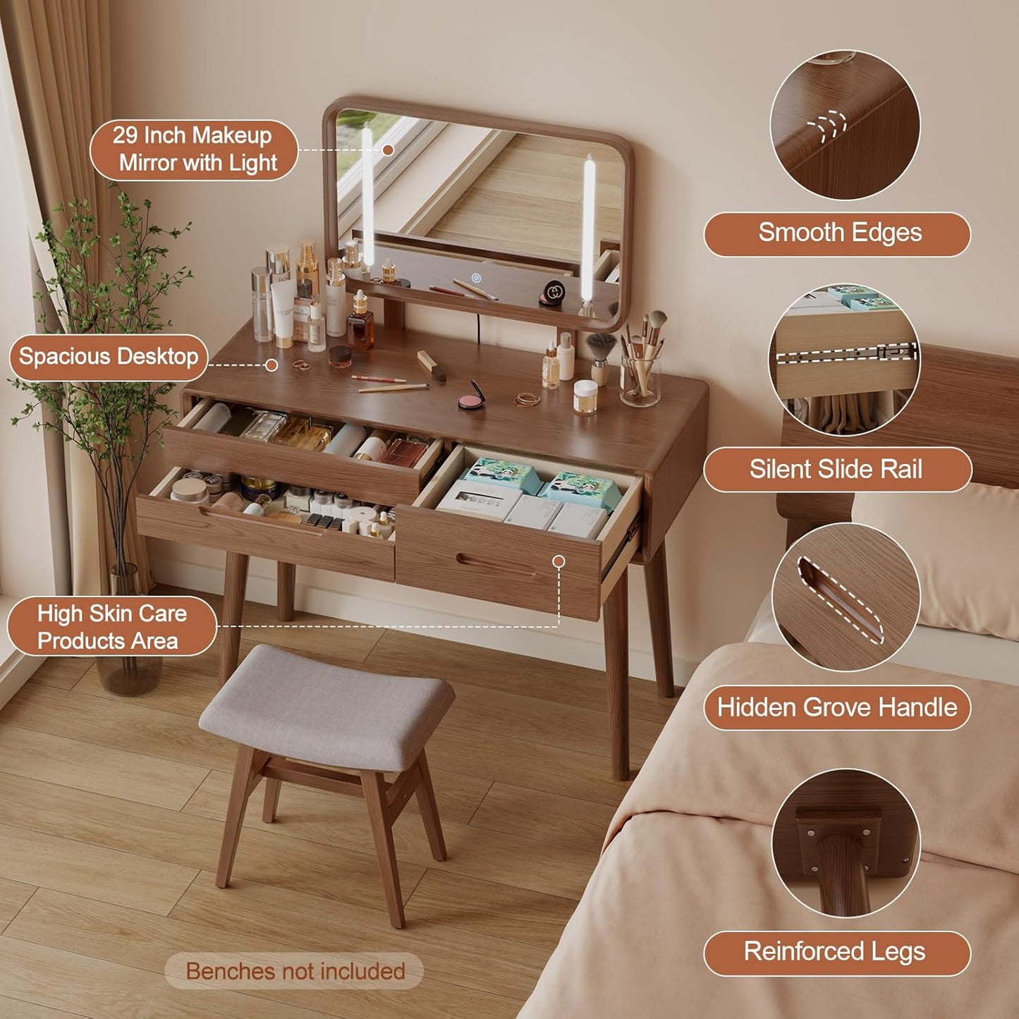 Solid Wood Vanity Desk with Mirror and Lights,Adjustable Height and Brightness, Makeup Vanity with 3 Drawers,Semi-Assembled,Dressing Table for Bedroom and Living Room (Walnut)