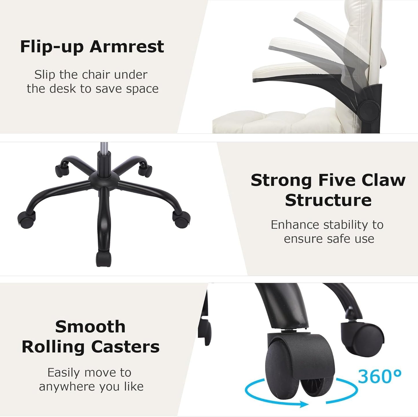 Ergonomic Swivel Office Desk Chair with Flip-Up Armrest and Adjustable Height, Lumbar Support & PU Leather Thickened Cushion, for Computer Task Work, White